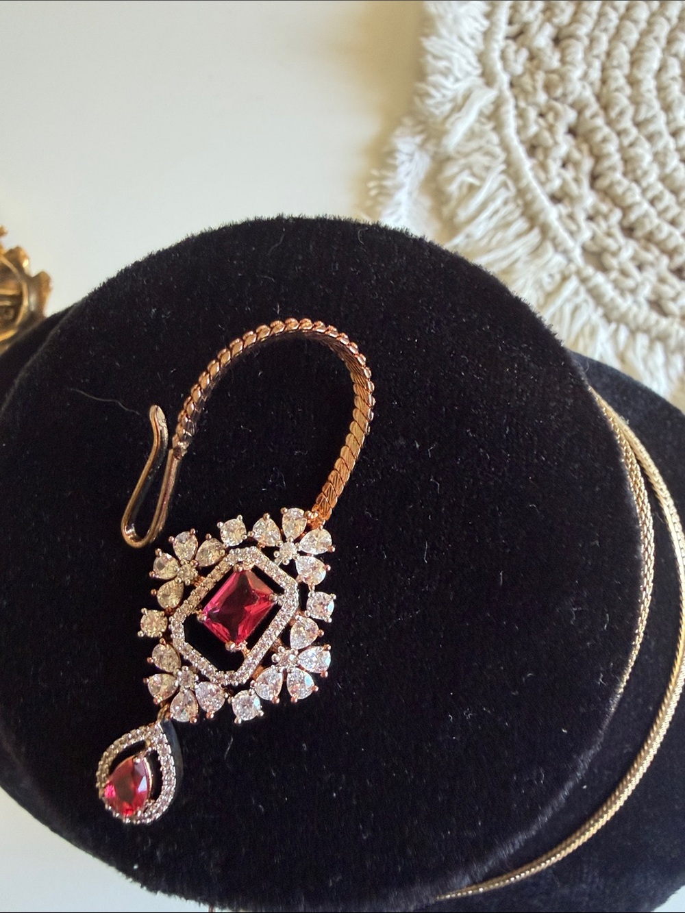 maang tikka deep Pink Crystal Pendant - hairline decoration